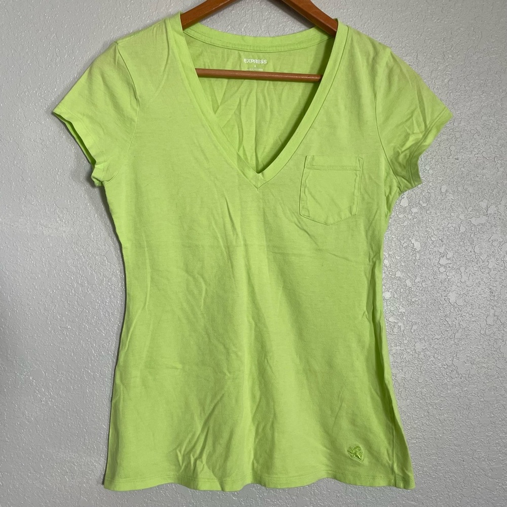 Express - Neon Yellow Green V-Neck Cotton Tee - Size S